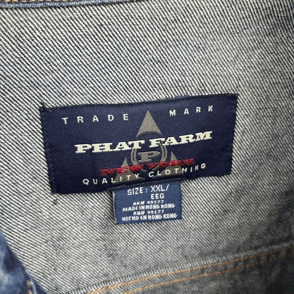 VTG Phat Farm XXL Denim Jacket Embroidered Blue Jean Streetwear Hip Hop